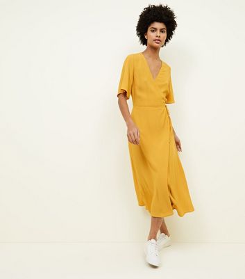 Mustard Yellow Wrap Front Midi Dress ...